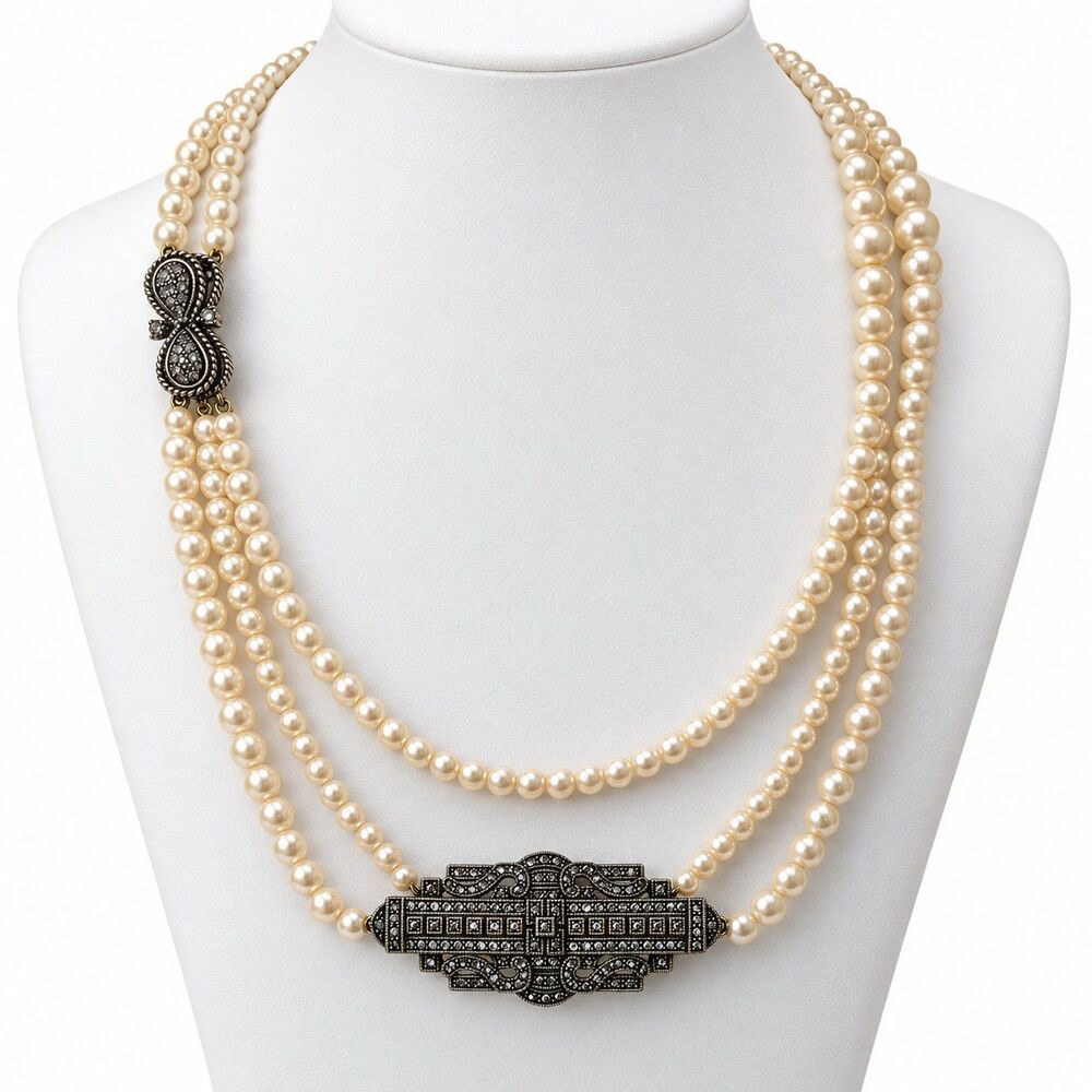 New Heidi Daus Age of Elegance 3-Strand Faux Pearl Crystal Art Deco Necklace